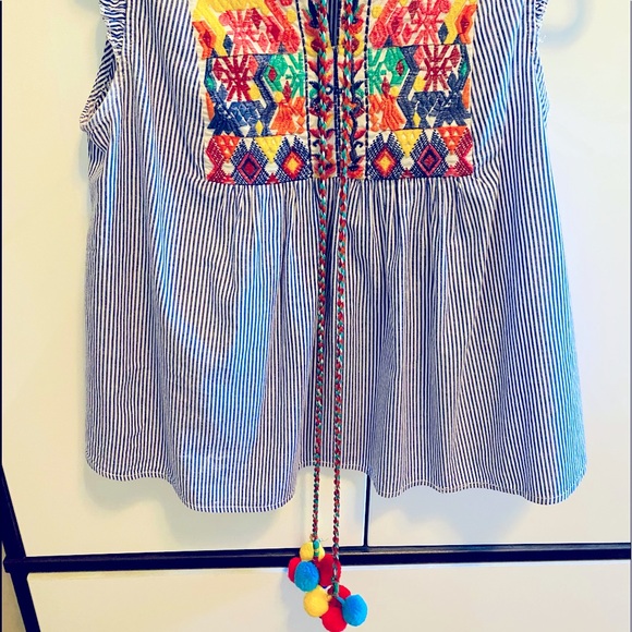 Shein Boho Pom Pom Tie Festive Seersucker Blouse - Picture 10 of 16